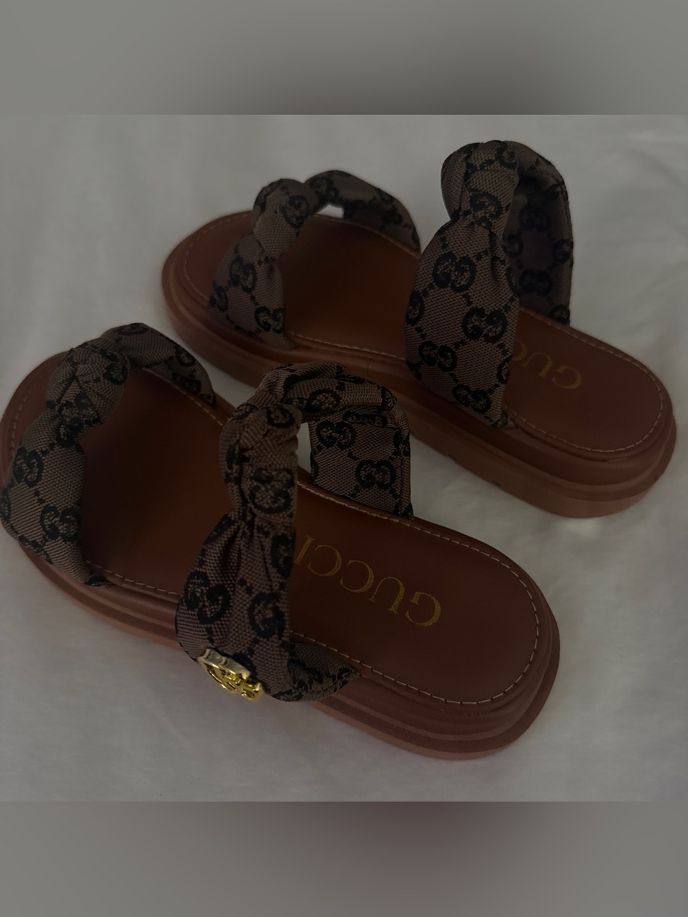 Brown GG Monogram Knotted Strap Slide Sandals